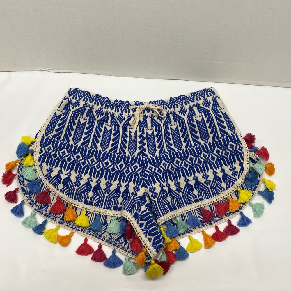 Judith March Tasseled Drawstring Shorts Medium Blue White w/Multicolored Tassels
